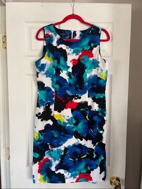 Mario Serrani Womens Dress SZ 12 Blue White Red Floral Sleeveless Stretch Spring